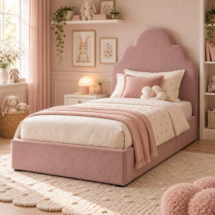 Plush Velvet Pink Kids Upholstered Cloud Bed with Under-Bed Side-Drawers