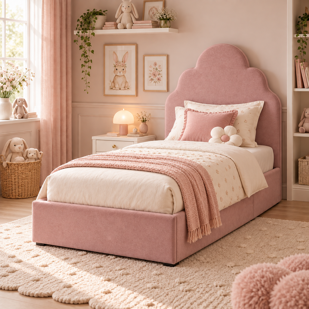 Plush Velvet Pink Kids Upholstered Cloud Bed with Under-Bed Side-Drawers
