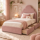 Plush Velvet Pink Kids Upholstered Cloud Bed with Under-Bed Side-Drawers