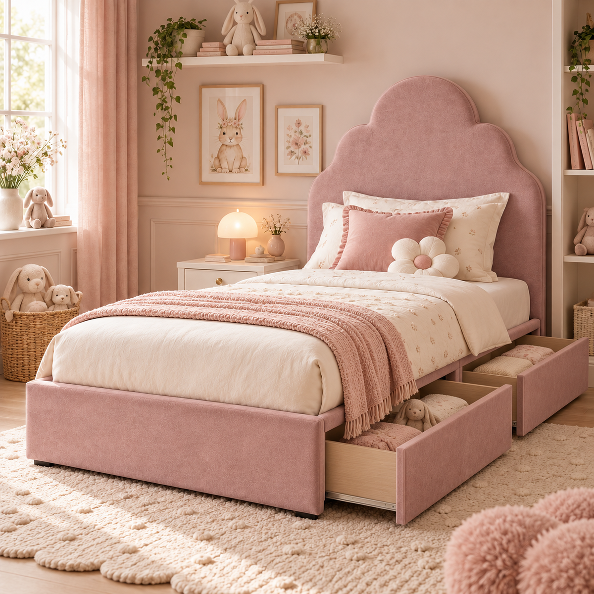 Plush Velvet Pink Kids Upholstered Cloud Bed with Under-Bed Side-Drawers