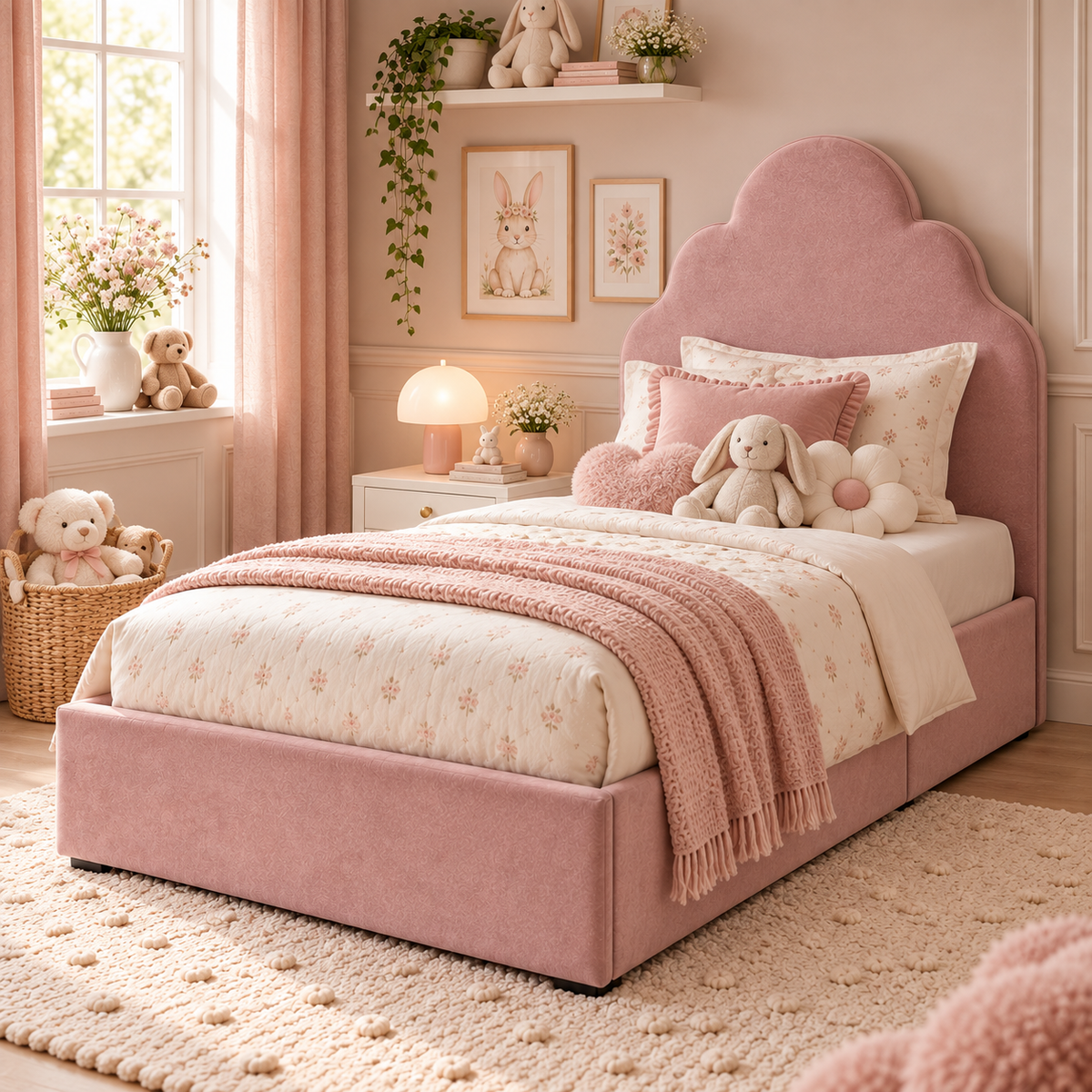 Plush Velvet Pink Kids Upholstered Cloud Bed with Under-Bed Side-Drawers