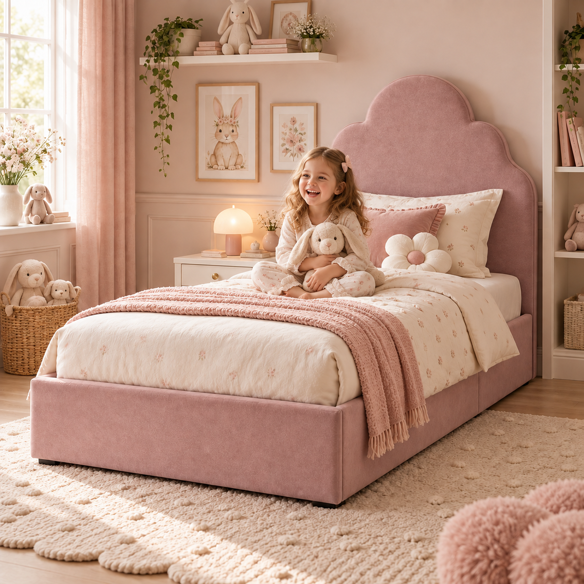 Plush Velvet Pink Kids Upholstered Cloud Bed with Under-Bed Side-Drawers