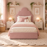 Plush Velvet Pink Kids Upholstered Cloud Bed with Under-Bed Side-Drawers