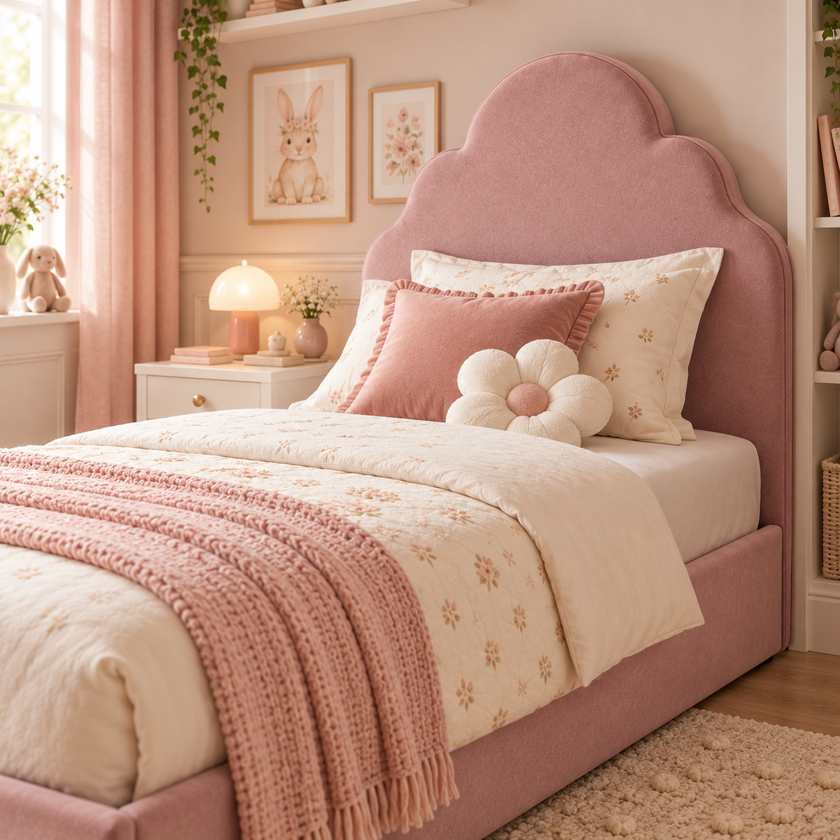 Plush Velvet Pink Kids Upholstered Cloud Bed with Under-Bed Side-Drawers