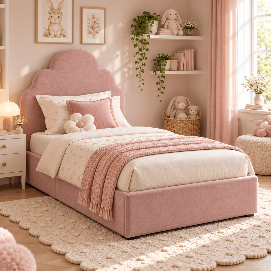 Plush Velvet Pink Kids Upholstered Cloud Bed with Under-Bed Side-Drawers