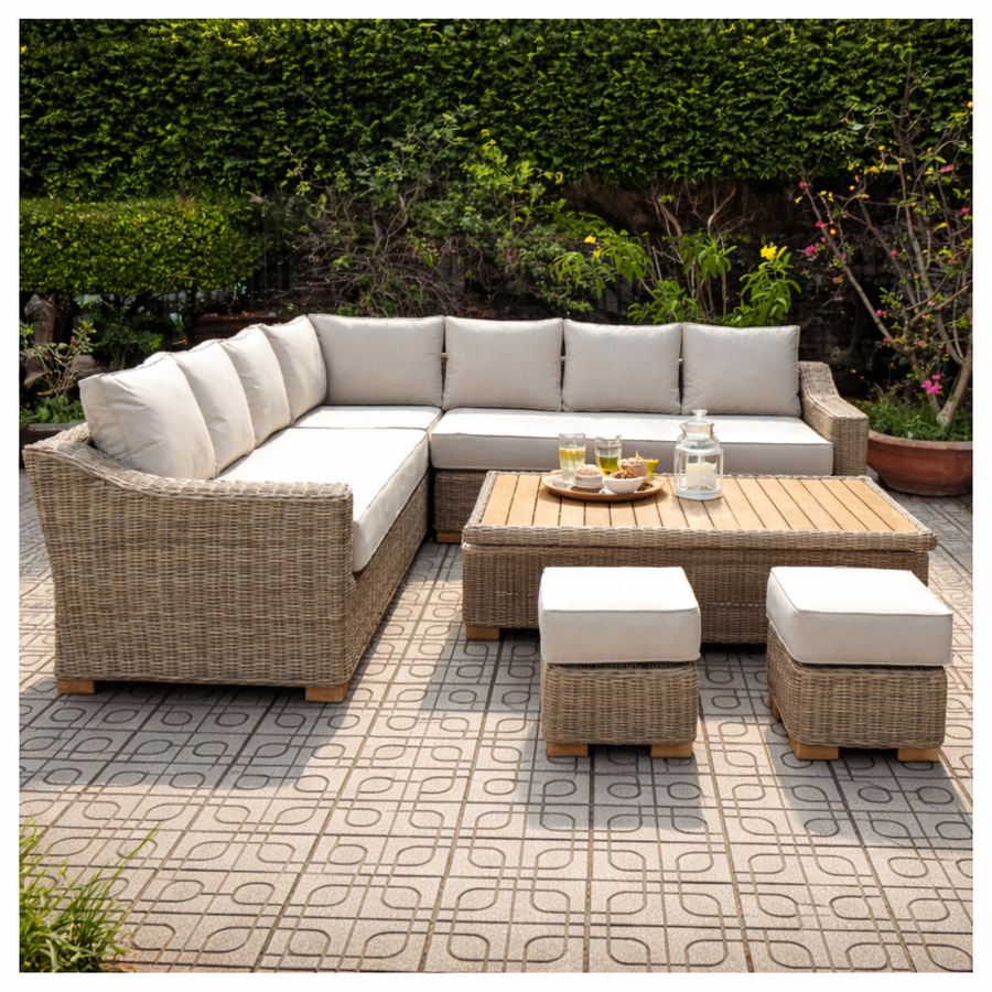 Solara Outdoor Large Corner Set With Riser Table + 2 Stools