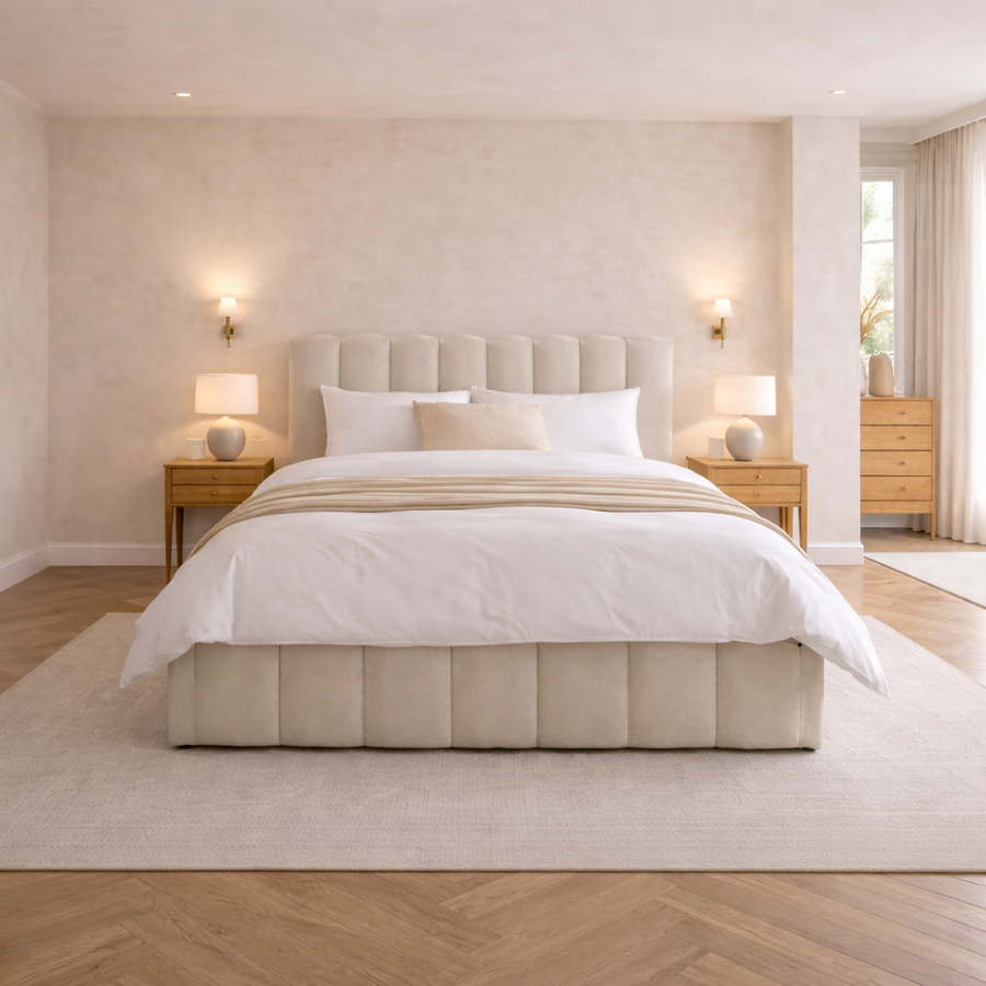Jaasiel Beige Linen Ottoman Bed with Pillow Headboard - Dune