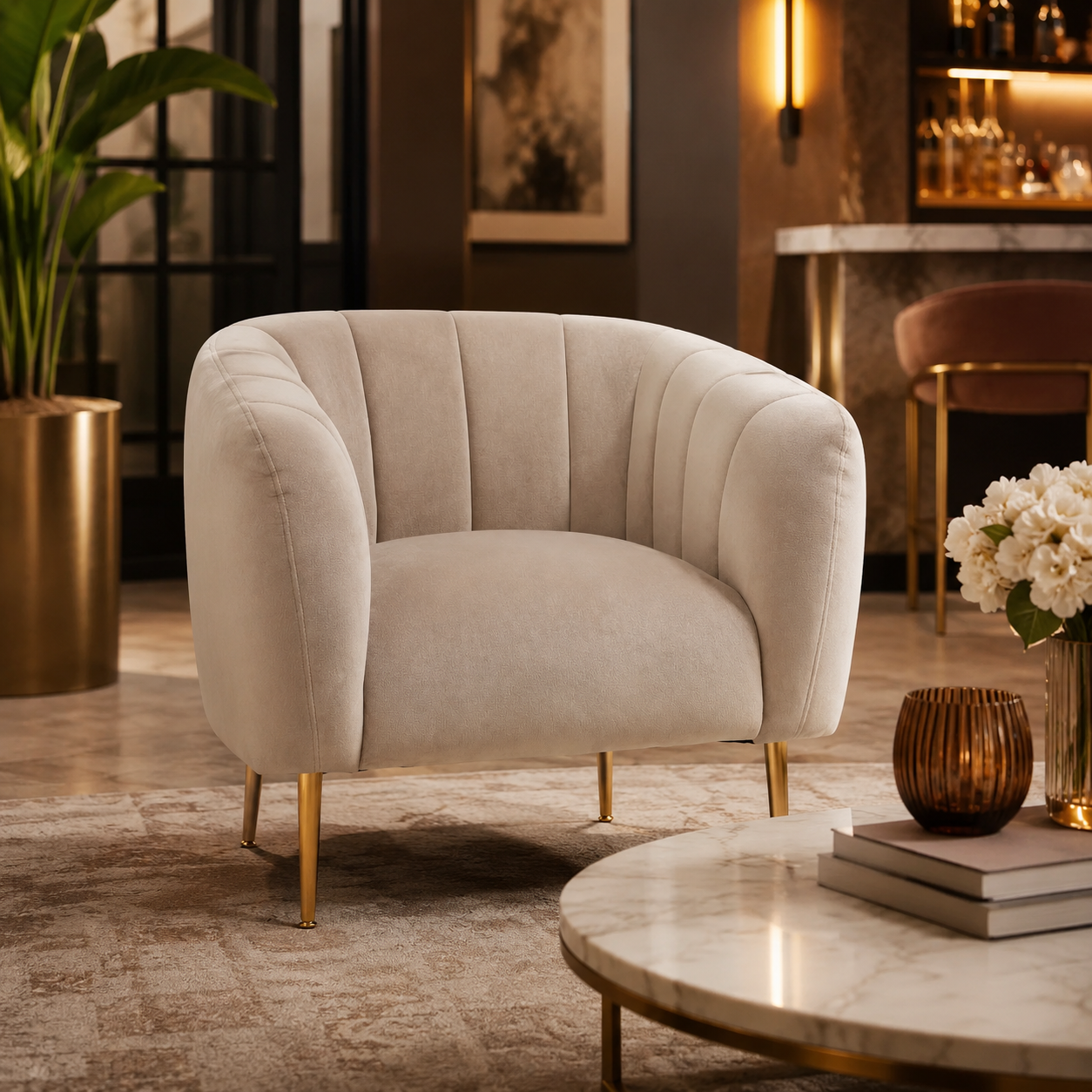 Eva Mink Velvet Channel Detail Armchair