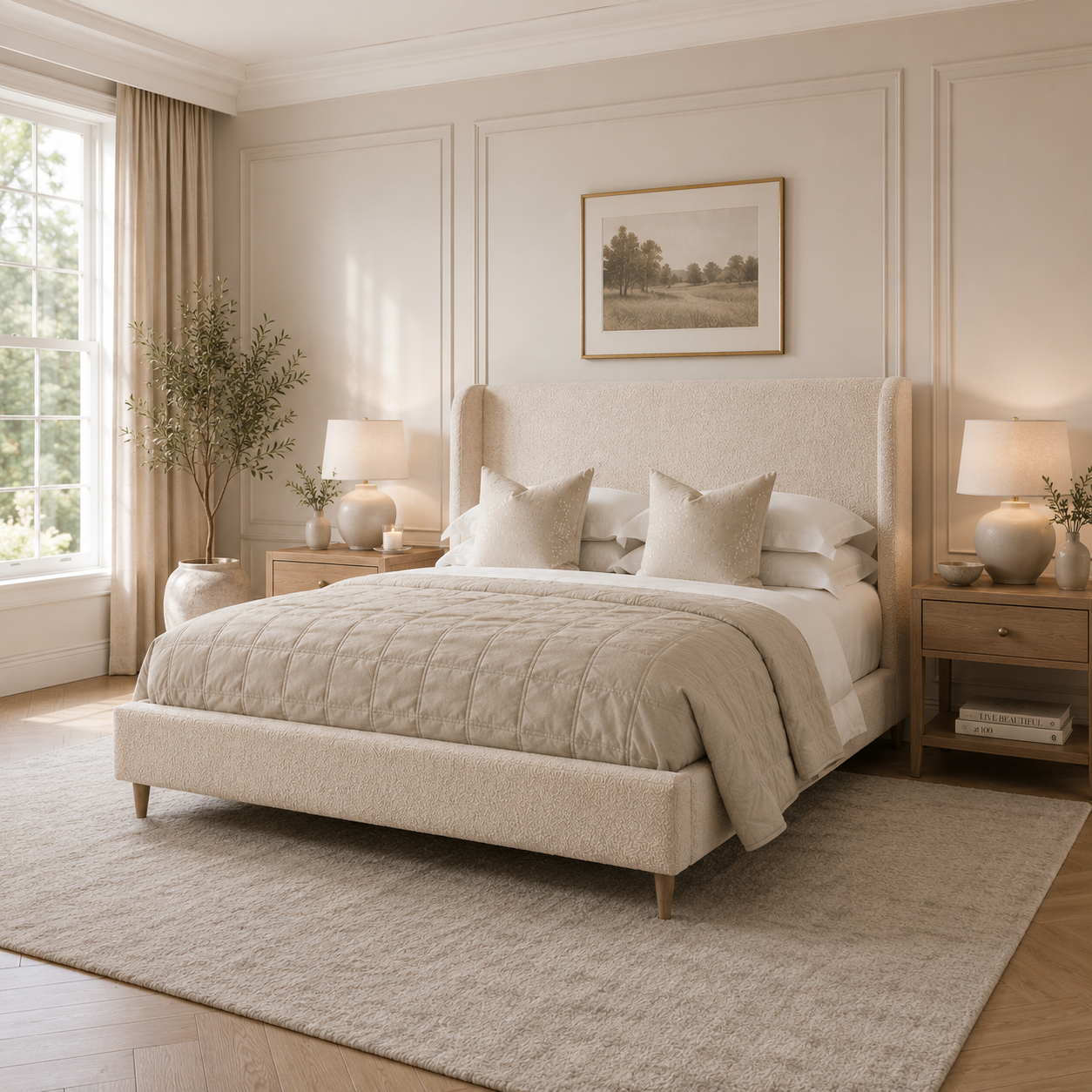 Bernett Wingback Upholstered Bed Frame Luxury Bed