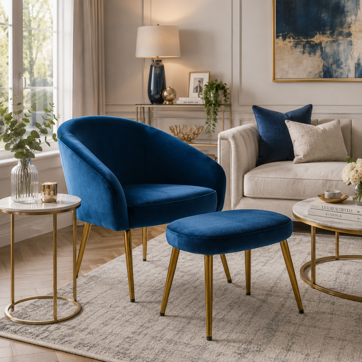 Eva Midnight Blue Chair And Footstool