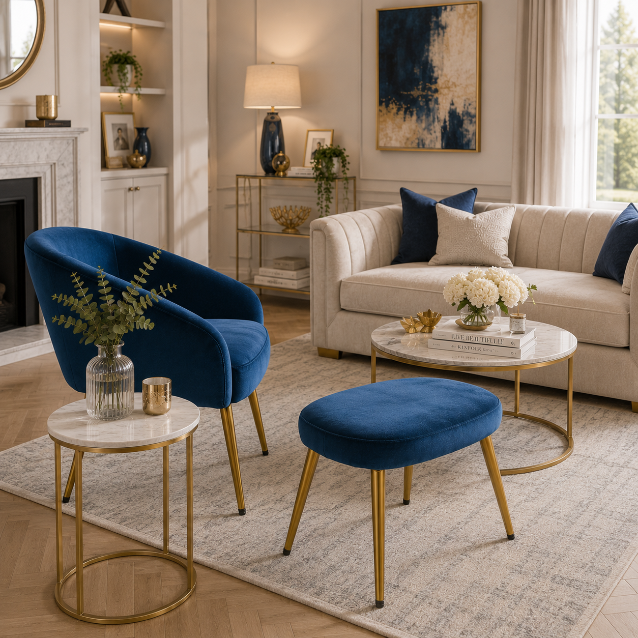 Eva Midnight Blue Chair And Footstool
