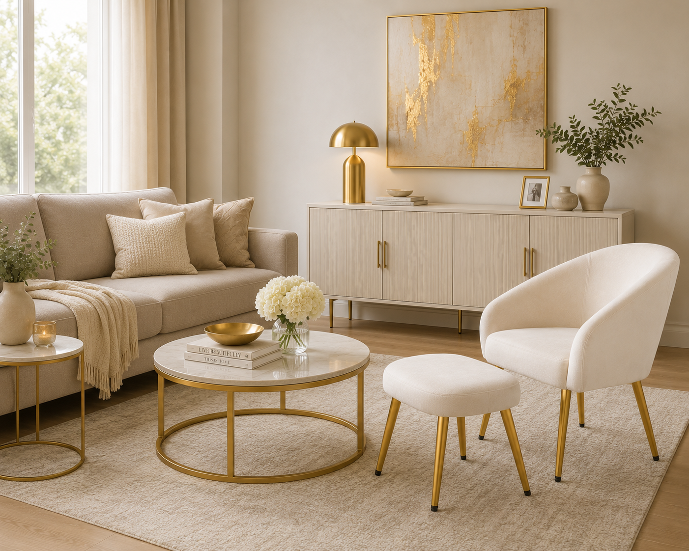 Eva Beige Chair And Footstool