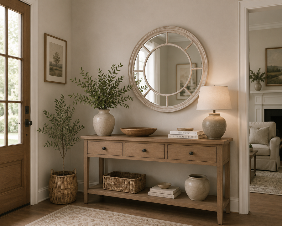 Mia Washed Wood Round Wall Mirror Rustic Mirror
