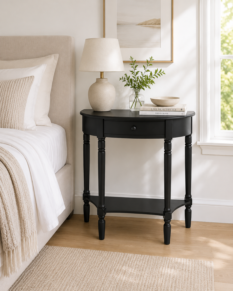 Mia Black Pine Wood Half Moon Console Table with Drawer