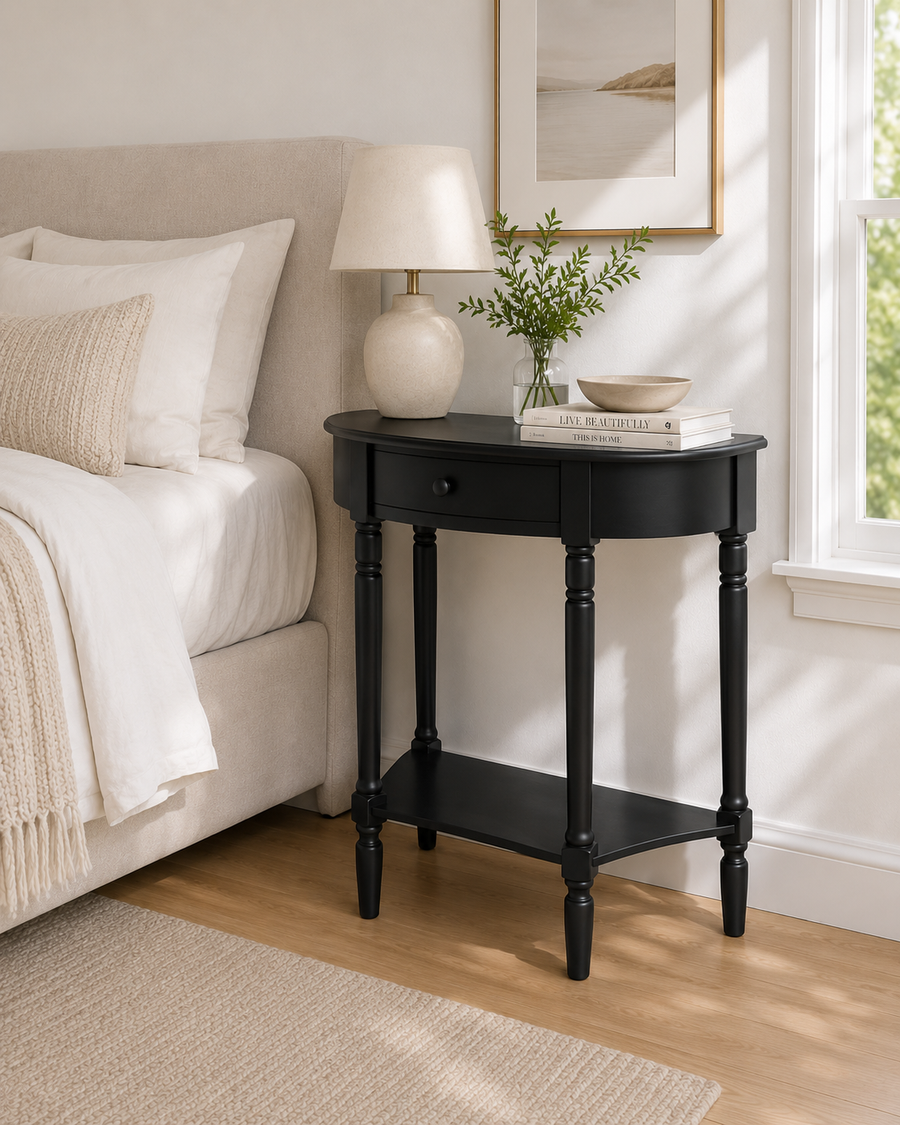 Mia Black Pine Wood Half Moon Console Table with Drawer