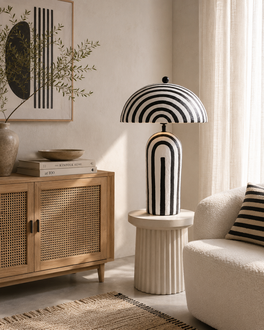 Eva Black and White Stripe Papier Mache Table Lamp with Dome Shade