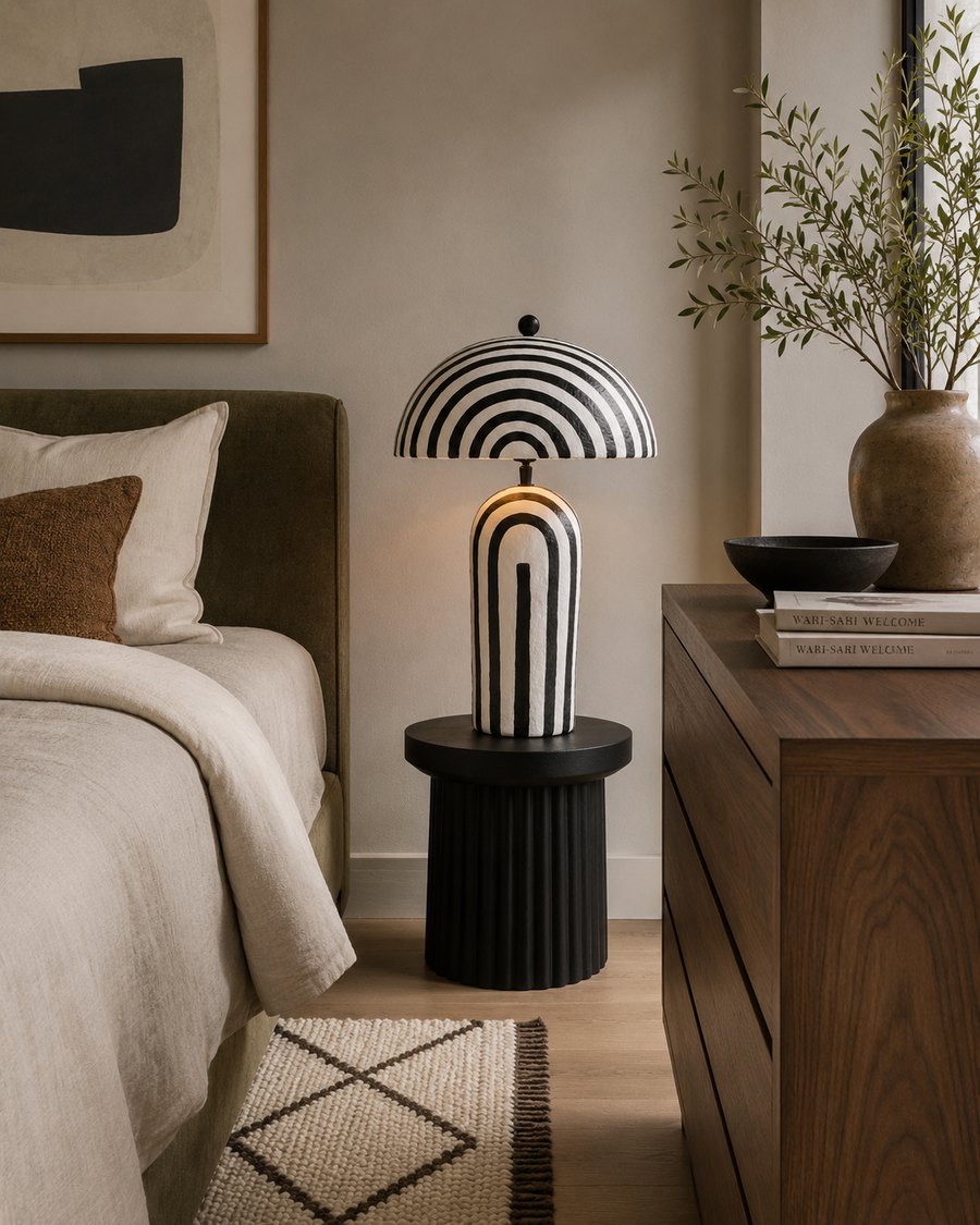 Eva Black and White Stripe Papier Mache Table Lamp with Dome Shade