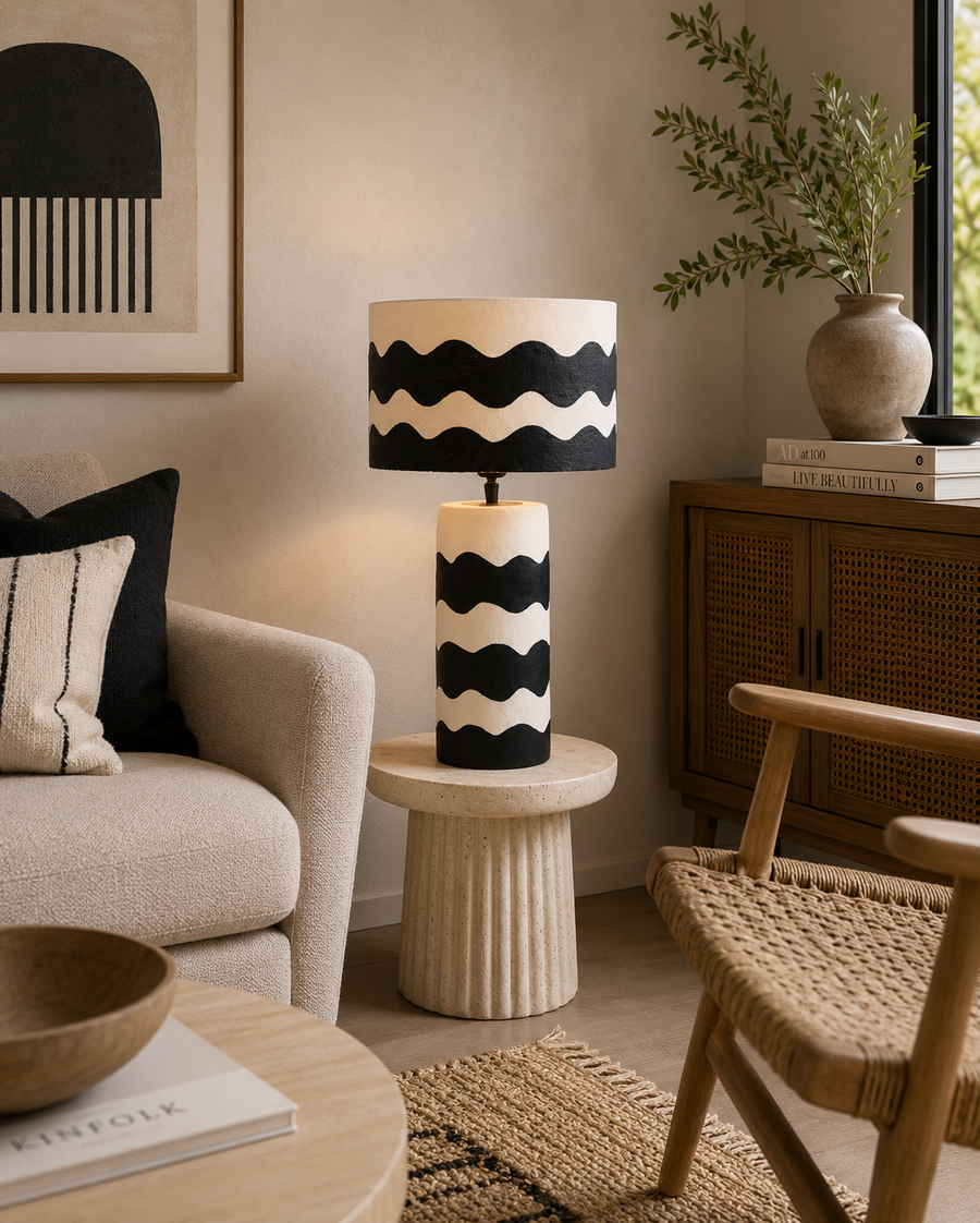Eva Black and White Curved Stripe Papier Mache Table Lamp
