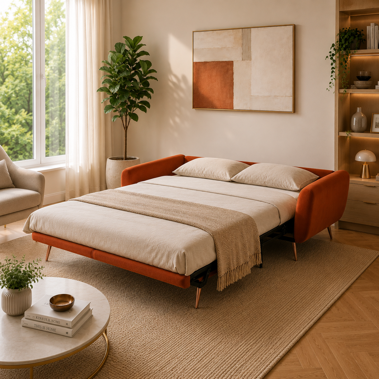 2 Seater Eva Burnt Orange Velvet Sofa Bed