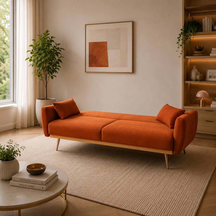 2 Seater Eva Burnt Orange Velvet Sofa Bed