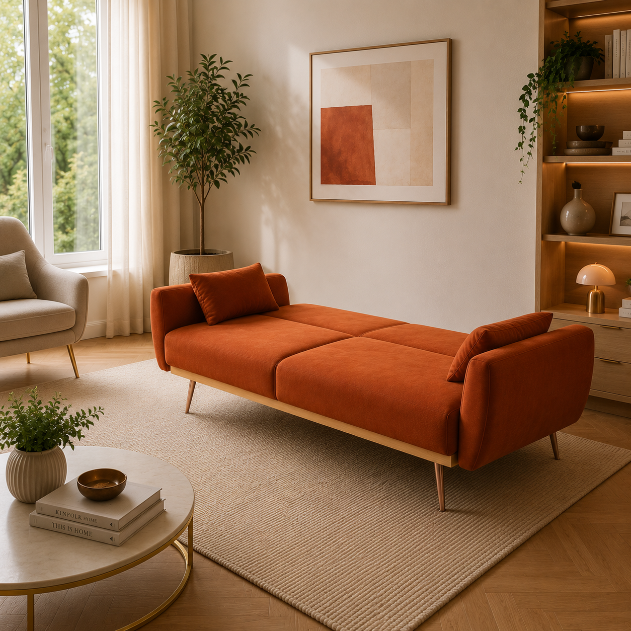 2 Seater Eva Burnt Orange Velvet Sofa Bed