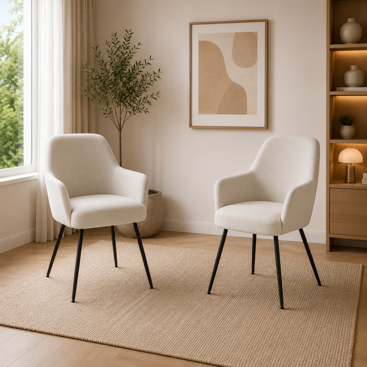 Salome Set of 2 Light Beige Textured Fabric Dining Chairs with Arms