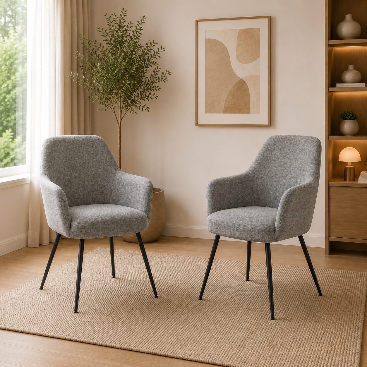 Salome Set of 2 Light Grey Textured Fabric Dining Chairs with Arms