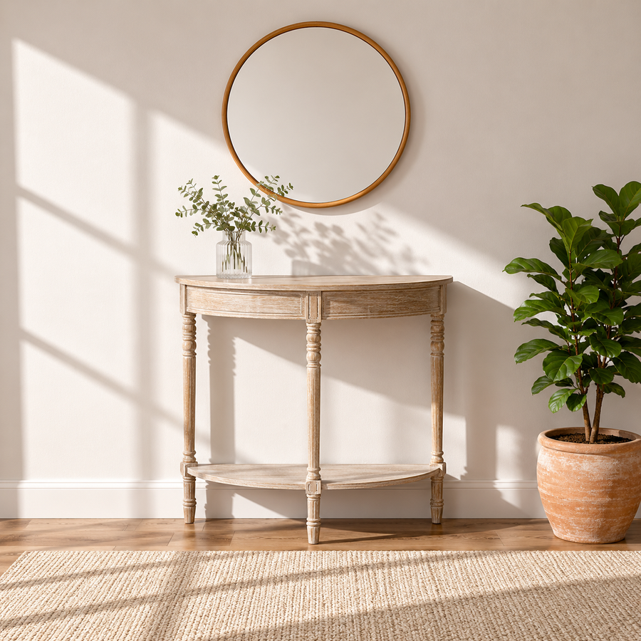 Mia Half Moon Natural Pine Wood Console Table
