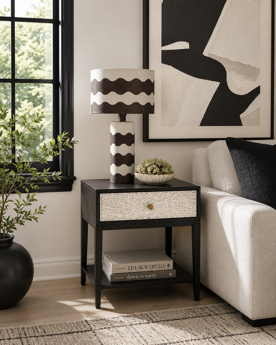 Eva Black and White Curved Stripe Papier Mache Table Lamp