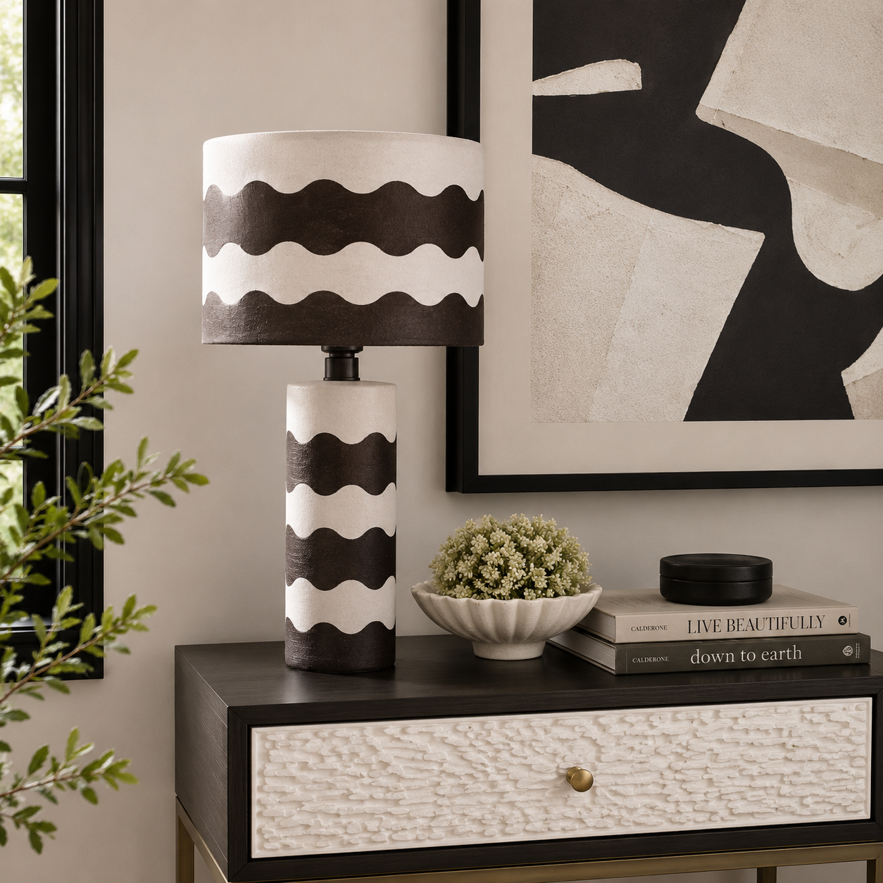 Eva Black and White Curved Stripe Papier Mache Table Lamp