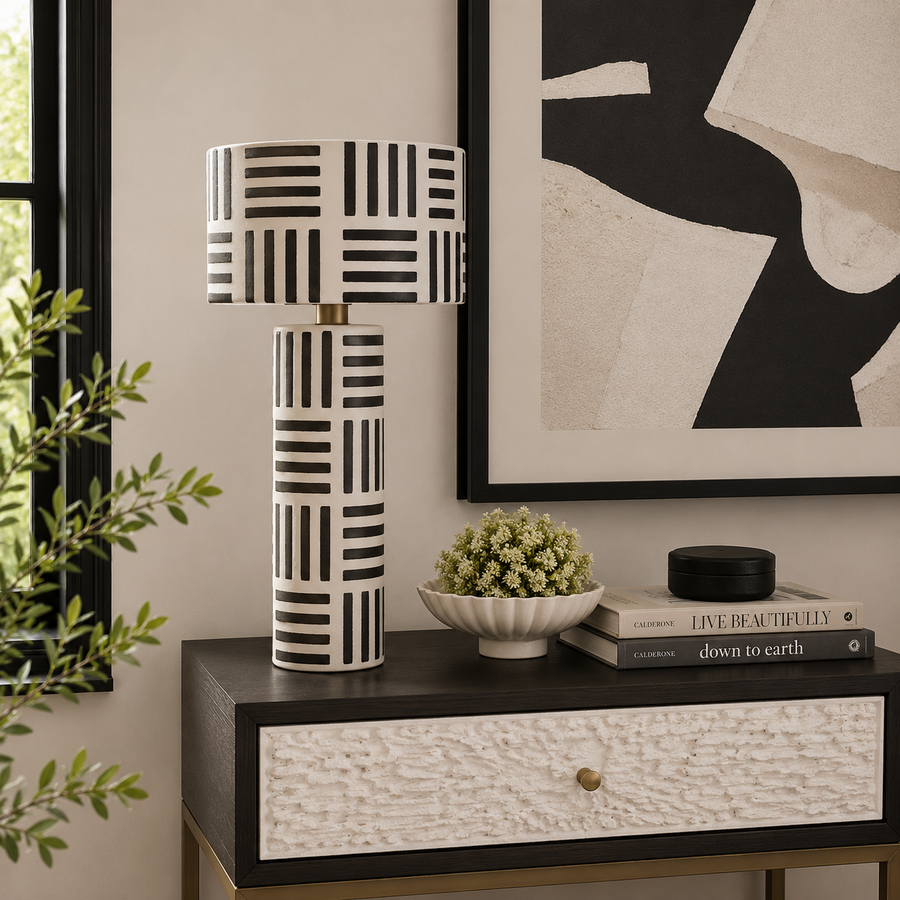 Eva Black And White Papier Mache Table Lamp with Geometric Lines