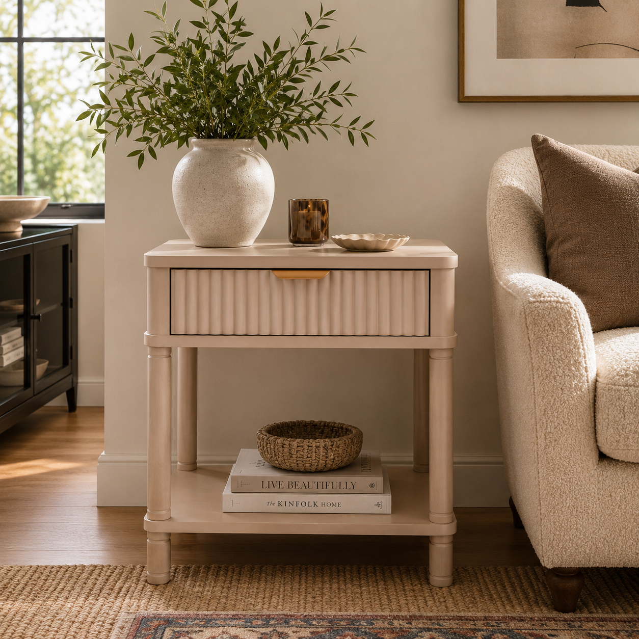 Classic John One Drawer Reed Detail Taupe Wood Side Table