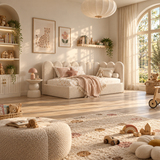 Kids Corner Nook Bed in Boucle Teddy Cream with Scalloped L-Shaped Headboard