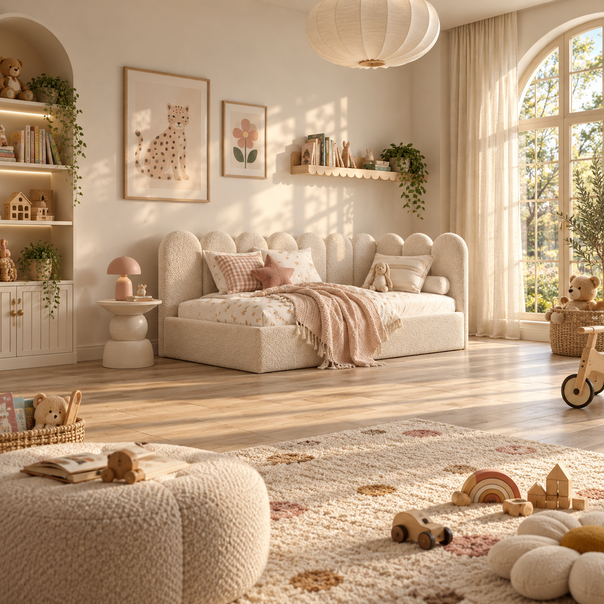 Kids Corner Nook Bed in Boucle Teddy Cream with Scalloped L-Shaped Headboard