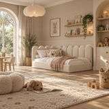 Kids Corner Nook Bed in Boucle Teddy Cream with Scalloped L-Shaped Headboard