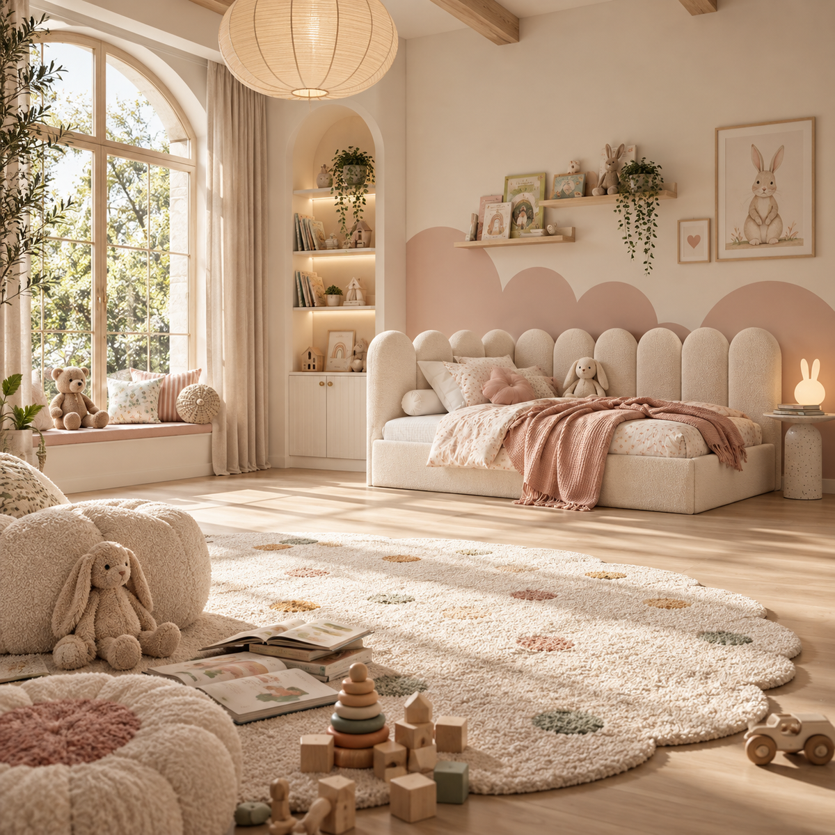 Kids Corner Nook Bed in Boucle Teddy Cream with Scalloped L-Shaped Headboard