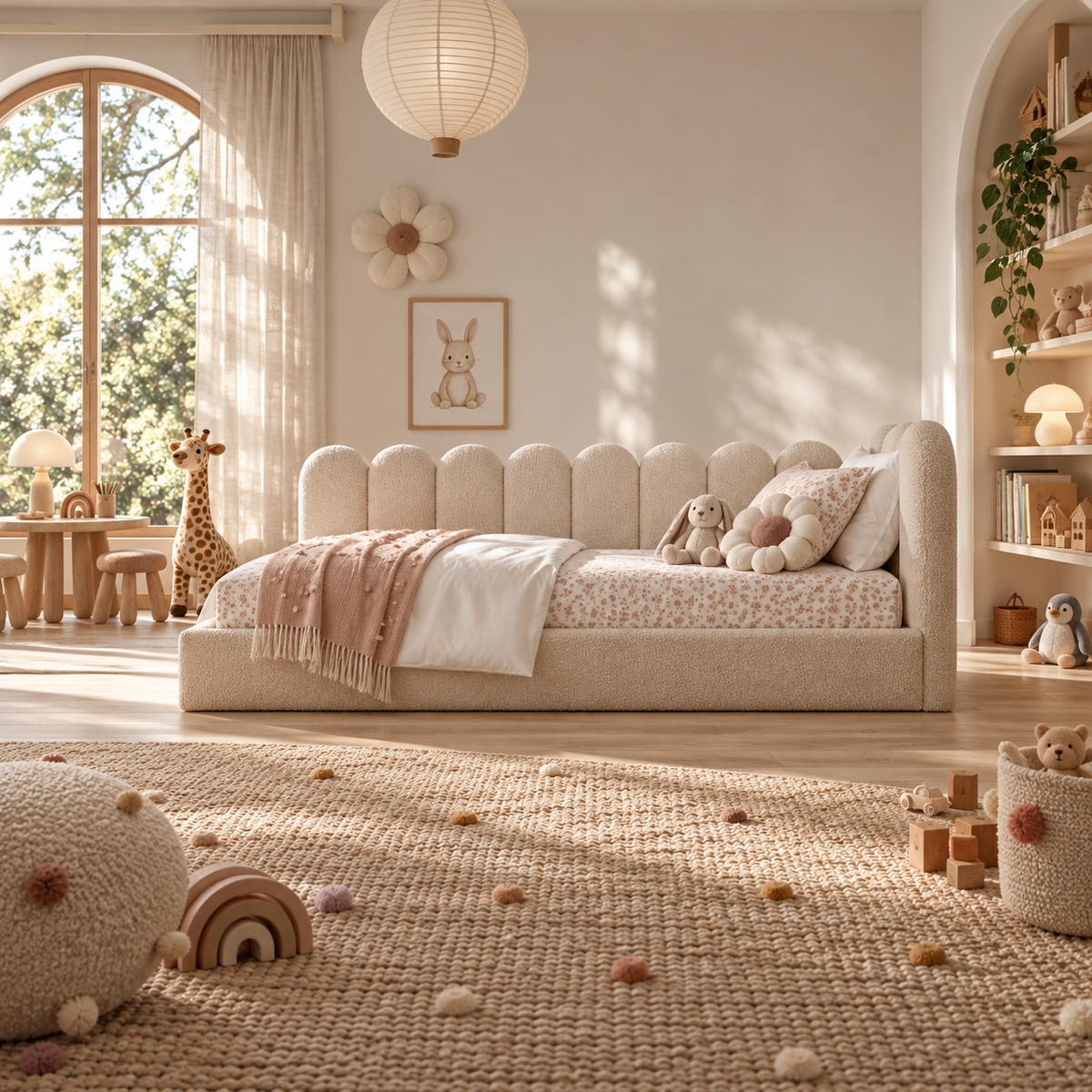 Kids Corner Nook Bed in Boucle Teddy Cream with Scalloped L-Shaped Headboard