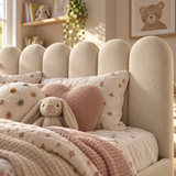 Kids Corner Nook Bed in Boucle Teddy Cream with Scalloped L-Shaped Headboard