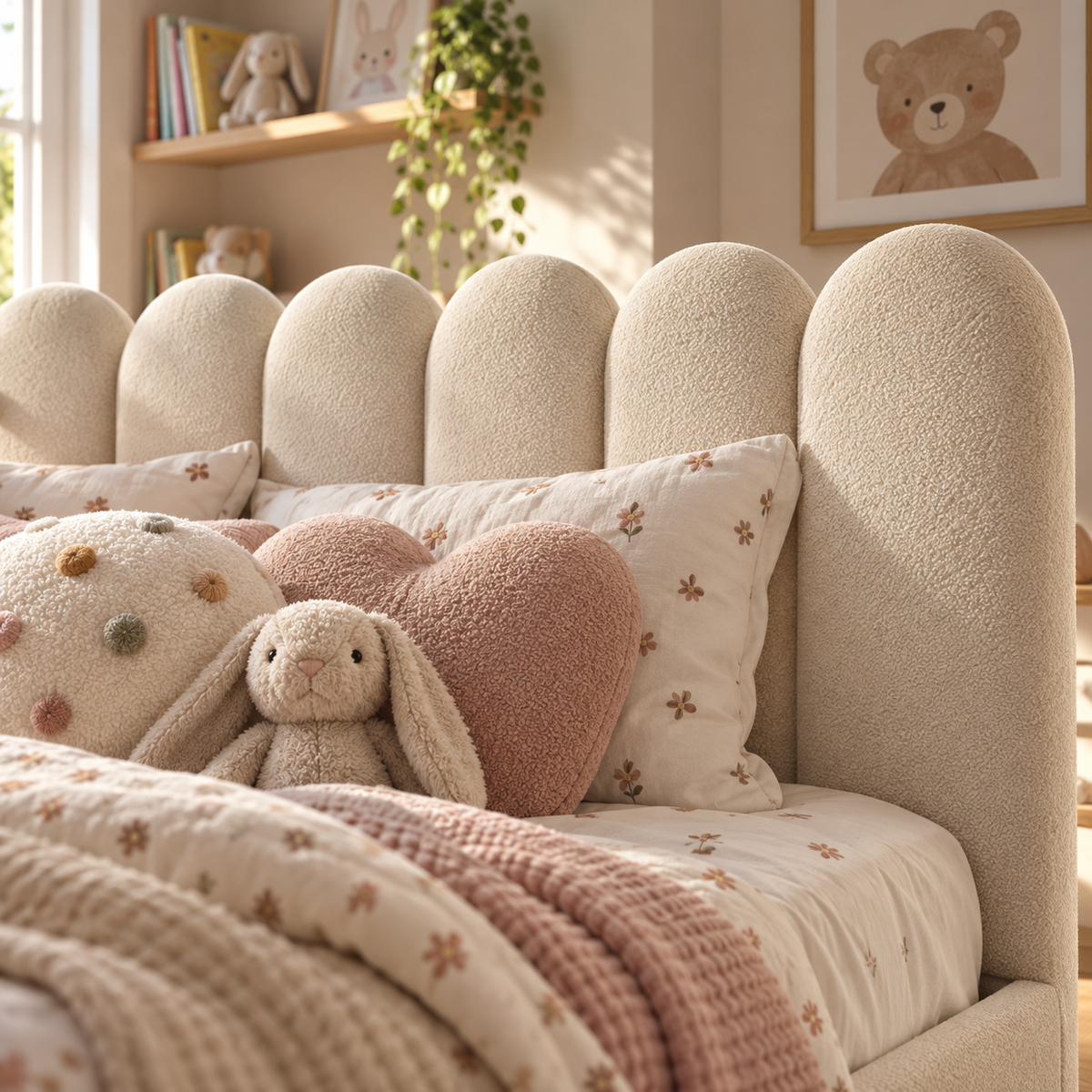 Kids Corner Nook Bed in Boucle Teddy Cream with Scalloped L-Shaped Headboard