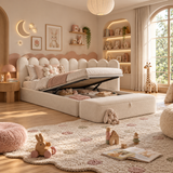 Kids Corner Nook Bed in Boucle Teddy Cream with Scalloped L-Shaped Headboard