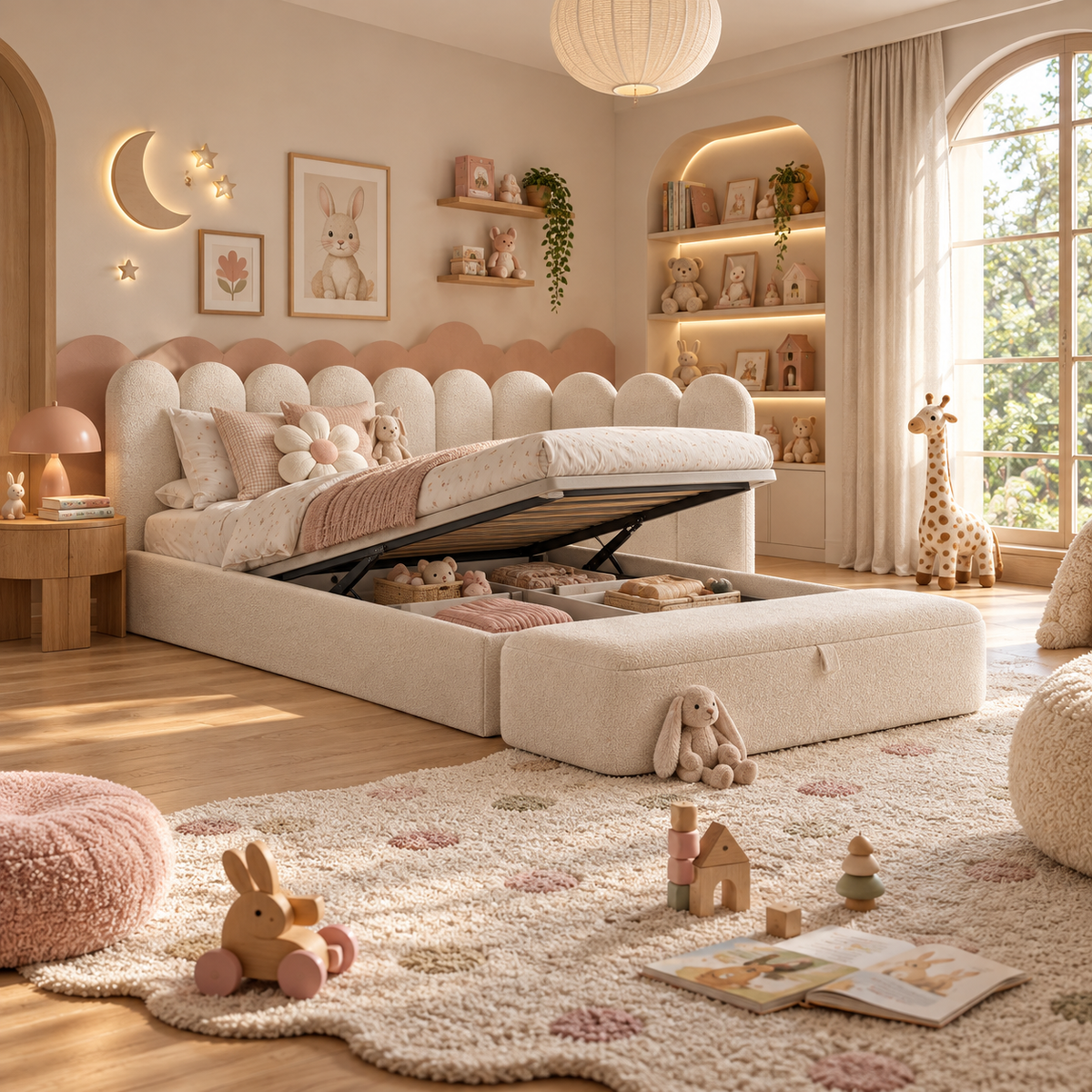 Kids Corner Nook Bed in Boucle Teddy Cream with Scalloped L-Shaped Headboard