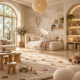 Kids Corner Nook Bed in Boucle Teddy Cream with Scalloped L-Shaped Headboard