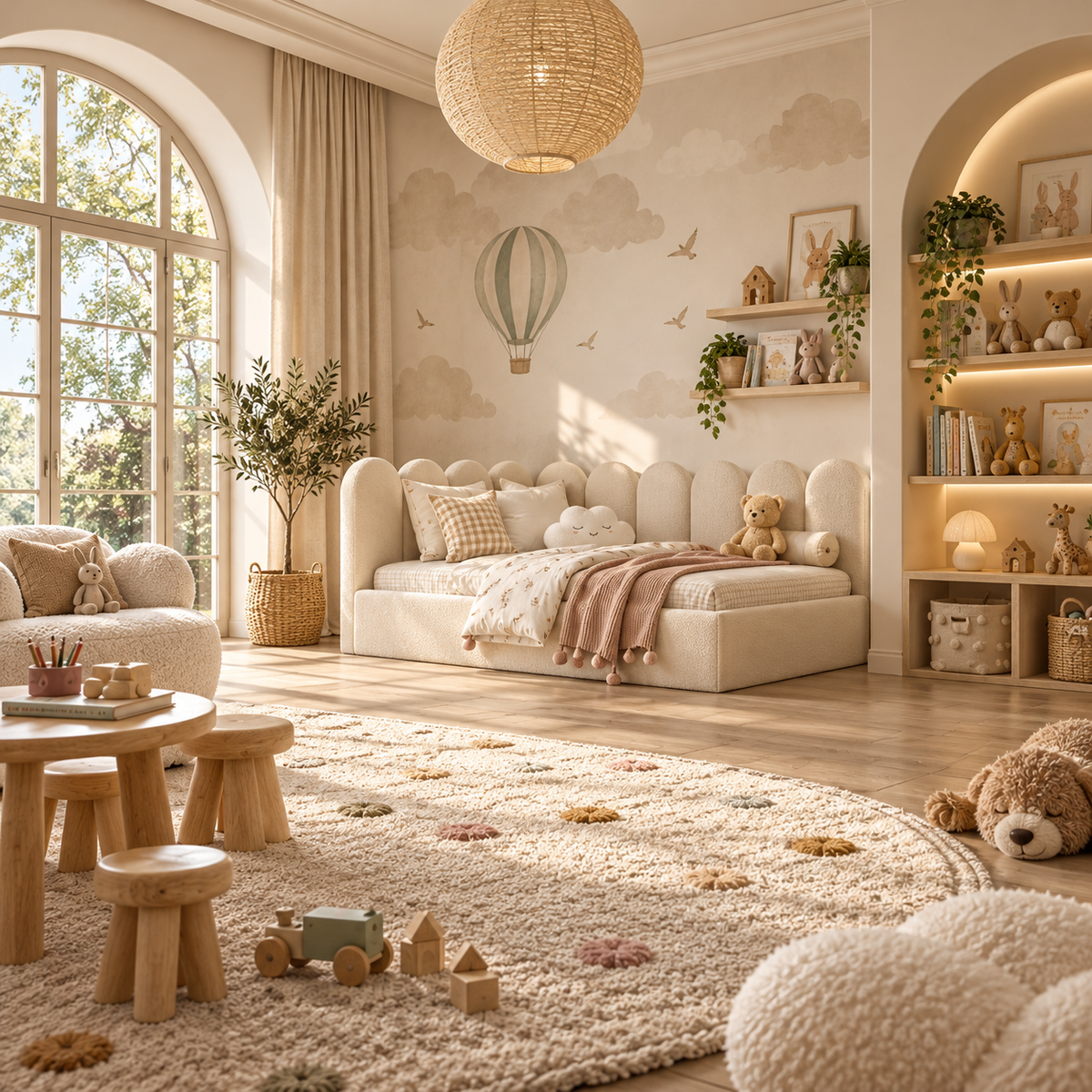 Kids Corner Nook Bed in Boucle Teddy Cream with Scalloped L-Shaped Headboard