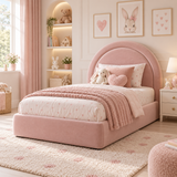 Plush Velvet Pink Kids Upholstered Rainbow Arch Bed with Under-Bed Side-Drawers