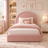 Plush Velvet Pink Kids Upholstered Rainbow Arch Bed with Under-Bed Side-Drawers