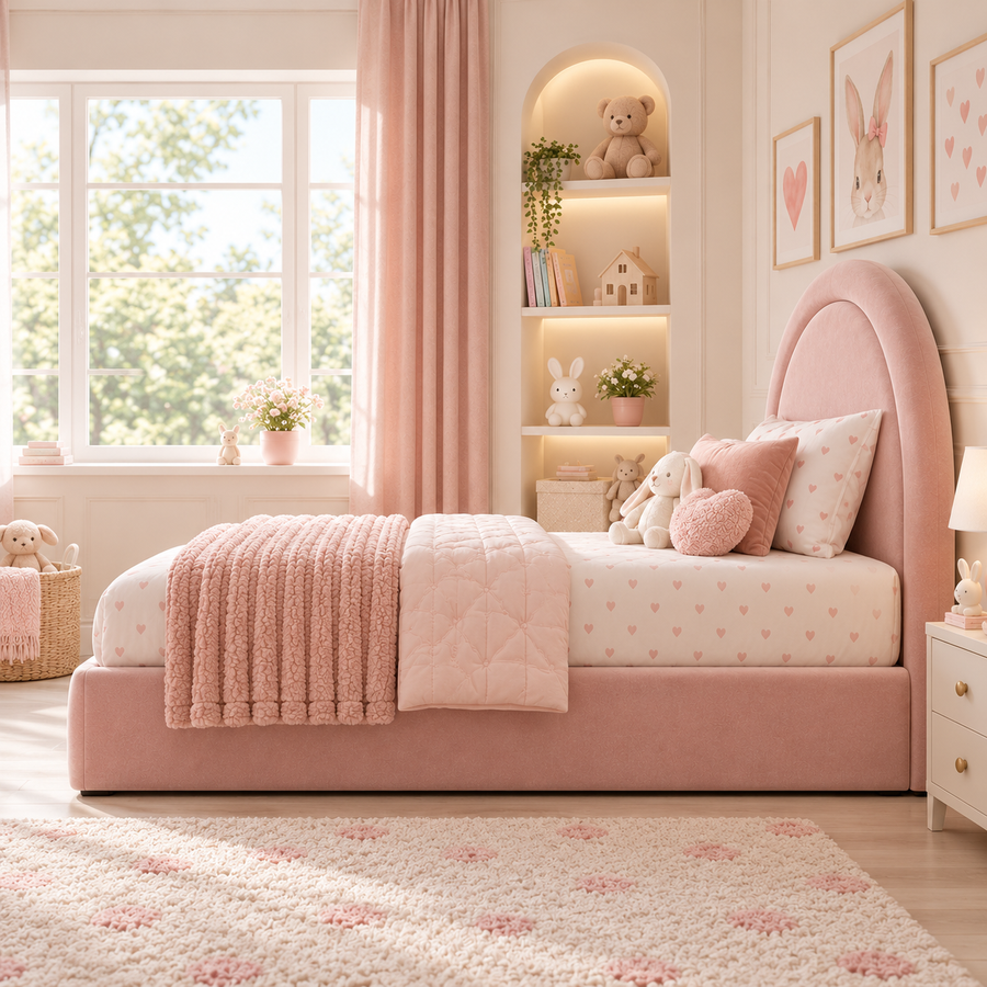 Plush Velvet Pink Kids Upholstered Rainbow Arch Bed with Under-Bed Side-Drawers