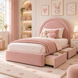 Plush Velvet Pink Kids Upholstered Rainbow Arch Bed with Under-Bed Side-Drawers