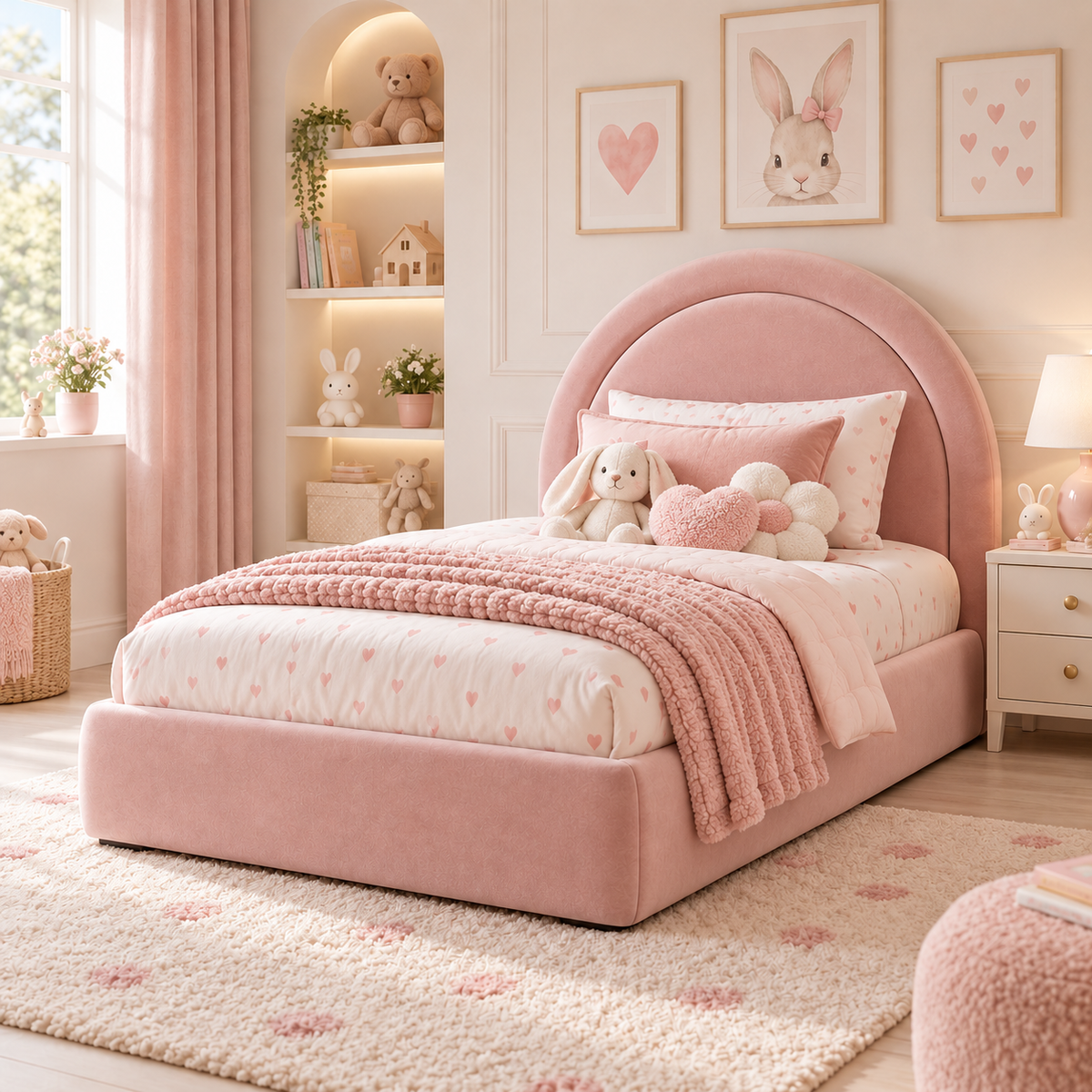 Plush Velvet Pink Kids Upholstered Rainbow Arch Bed with Under-Bed Side-Drawers