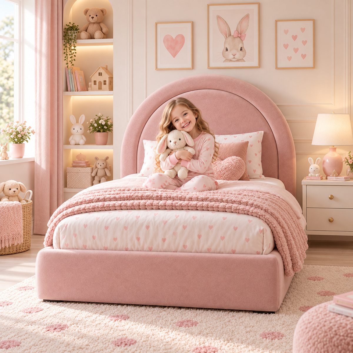 Plush Velvet Pink Kids Upholstered Rainbow Arch Bed with Under-Bed Side-Drawers