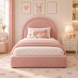 Plush Velvet Pink Kids Upholstered Rainbow Arch Bed with Under-Bed Side-Drawers
